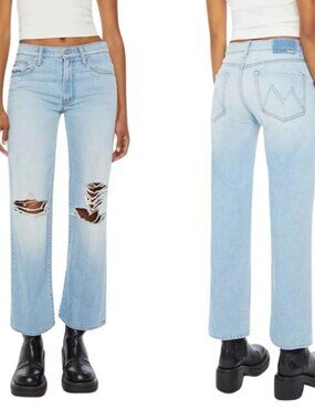 Mother SUPERIOR The Mid Rise Rambler Zip Flood Jeans in Ripped Off 26‎